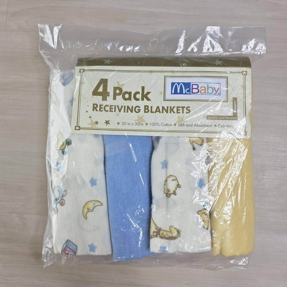 McBaby Receiving Blankets 4 Pack 30 "x 30" Unisex Yellow Blue‎ Duck Elephant New